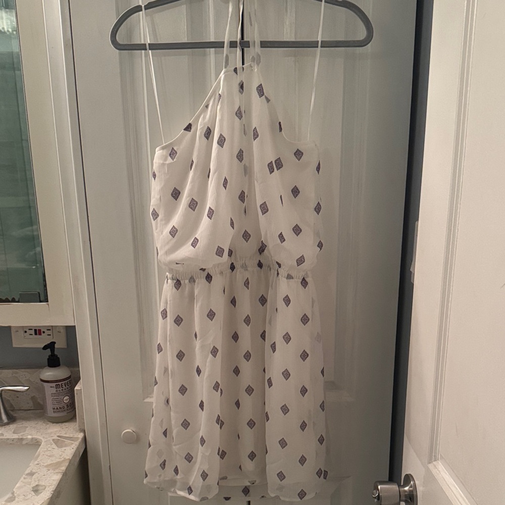 Express White Halter Dress with Blue Diamond Pattern